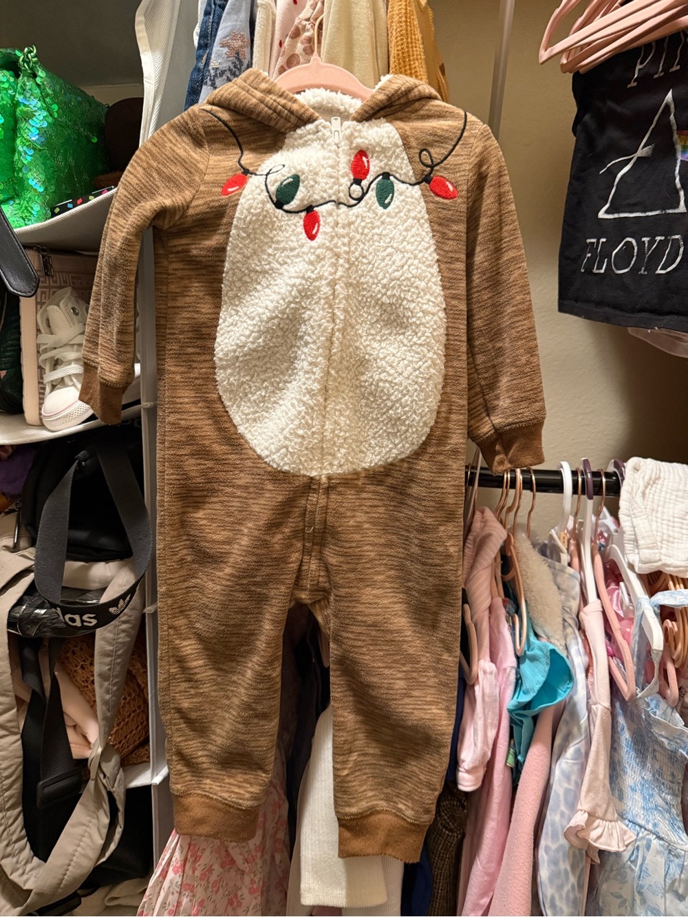 Cozy Brown Infant One-Piece Reindeer Holiday Jumpsuit with Antler Hood